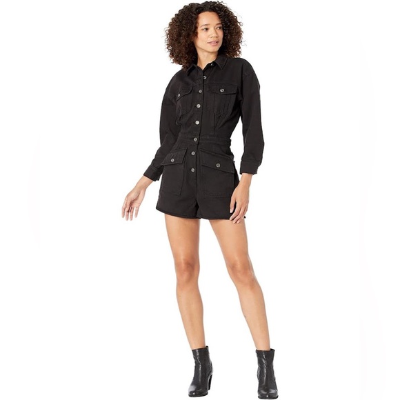 7 For All Mankind Black Denim Button-Down Romper with pockets 100% Cotton - Picture 2 of 14